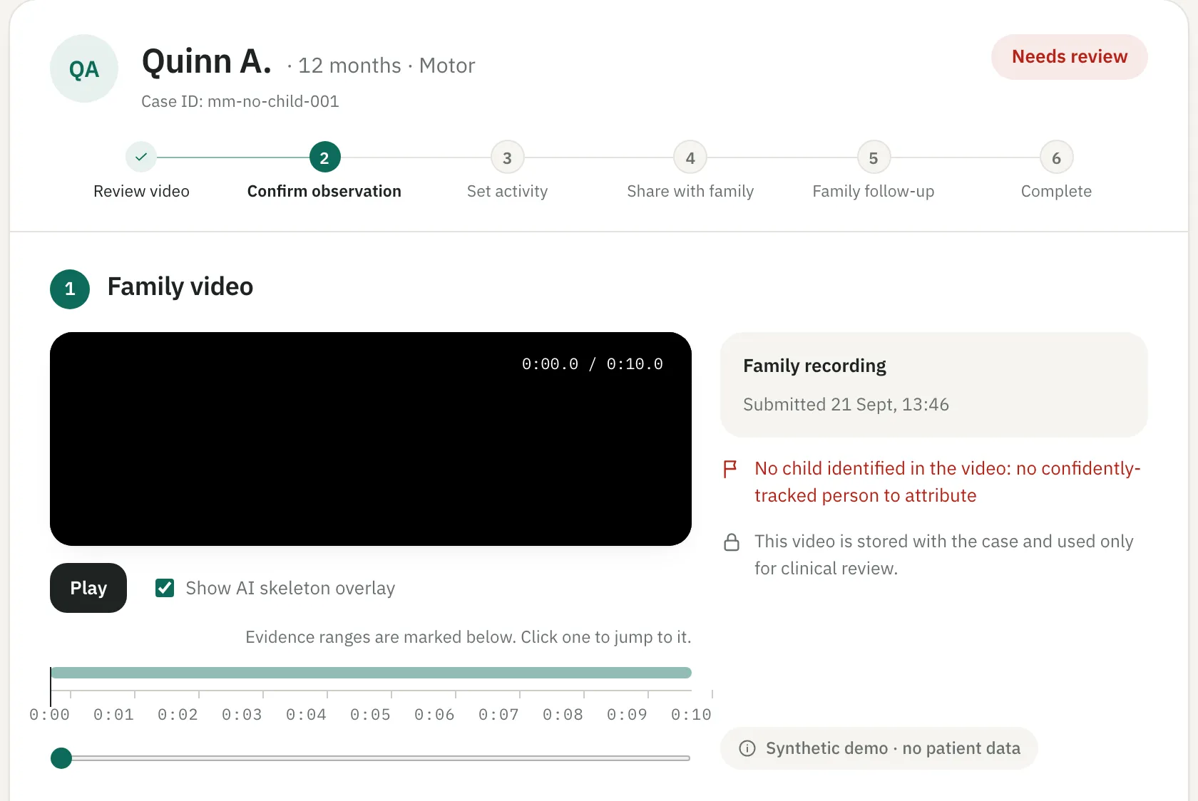 Prototype clinician workspace: family video flagged with no child identified.